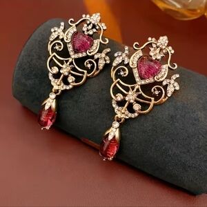 Vintage Gold and Red Dangle Earrings